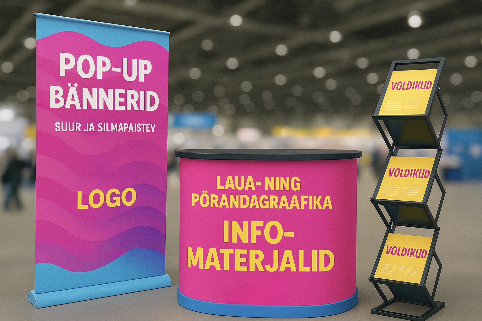 Messiboks värviliste trükimaterjalidega, sealhulgas helesinise pop-up bänneri, kollase brošüürialuse ja roosa infolauaga, uduses messikeskkonnas.