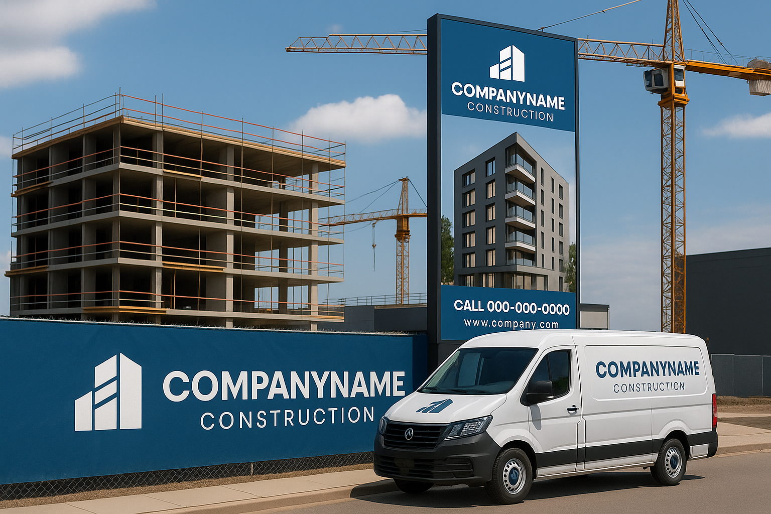 Kaasaegne ehitusplats sinise brändinguga aiaga, millel on ettevõtte logo ja nimi 'CompanyName Construction'. Esiplaanil valge bränditud kaubik, taustal suur püstine reklaampülon valmiva hoone visualisatsiooniga, kraanad ja pooleliolev mitmekorruseline betoonhoone.